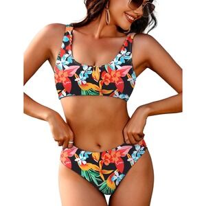 NWT AI'MAGE Ribbed Bikini Set Scoop Neck High Rise Floral Swimsuit Large